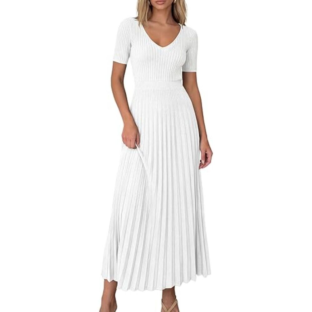 Women's White Viscose V Neck Short Sleeve A Line Summer Casual Midi Dress